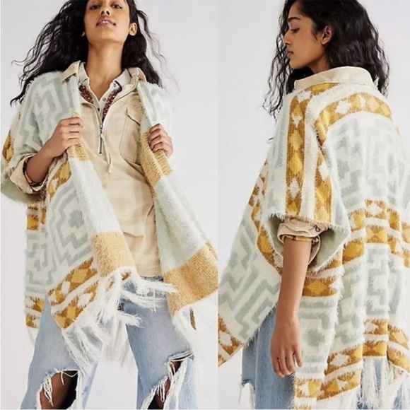 Free People Diamondback Cozy Kimono Sweater Fringed In Multi One Size OS - Picture 1 of 5